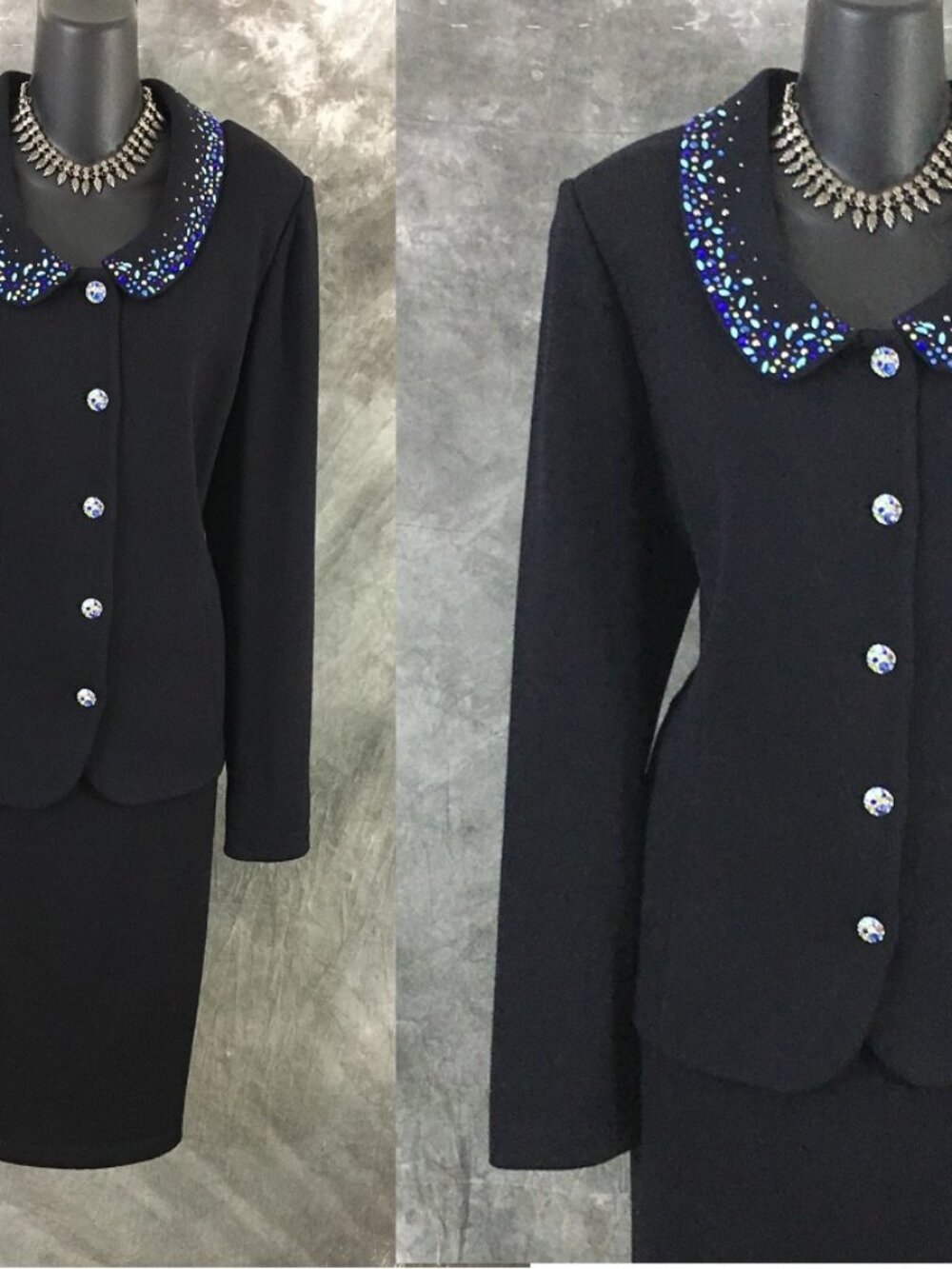 BEAUTIFUL St John evening knit black blue rhinestones embellished skirt suit 14